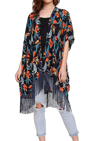 Ladies fashion tropical floral fringed kimono