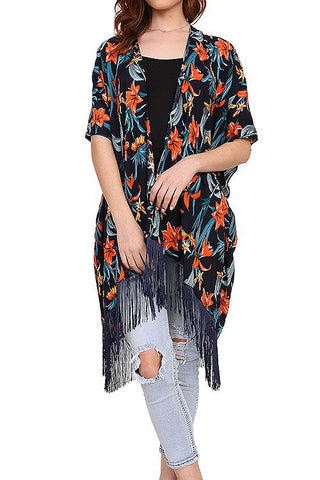 Ladies fashion tropical floral fringed kimono