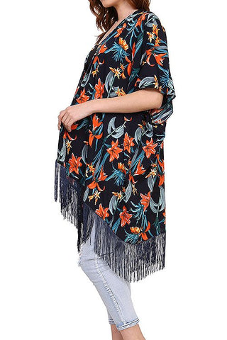 Ladies fashion tropical floral fringed kimono