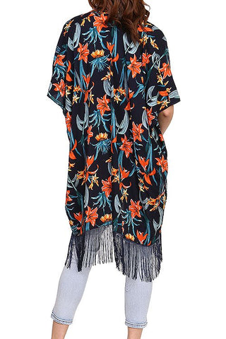 Ladies fashion tropical floral fringed kimono