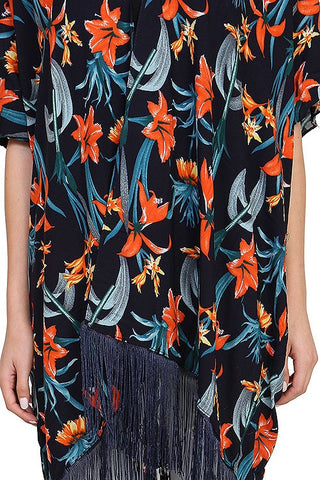 Ladies fashion tropical floral fringed kimono