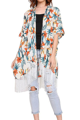 Ladies fashion tropical floral fringed kimono