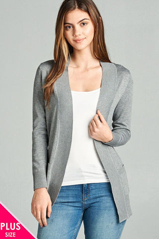 Ladies fashion plus size long sleeve rib banded open sweater cardigan w/pockets