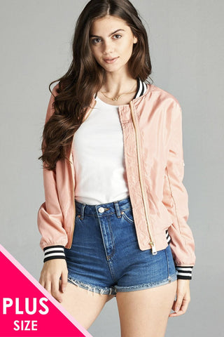 Ladies fashion plus size light weight bomber jacket w/ varsity stripe trim