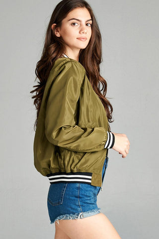 Ladies fashion plus size light weight bomber jacket w/ varsity stripe trim