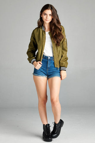 Ladies fashion plus size light weight bomber jacket w/ varsity stripe trim