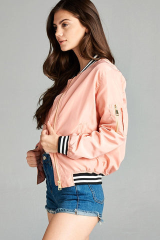 Ladies fashion plus size light weight bomber jacket w/ varsity stripe trim