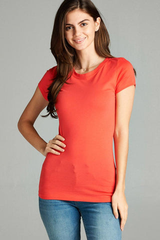 Ladies fashion short sleeve crew neck tee w/ contrast neck inbinding