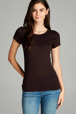 Ladies fashion short sleeve crew neck tee w/ contrast neck inbinding