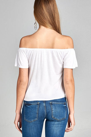 Ladies fashion short sleeve off the shoulder front bow tie rayon spandex top