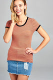 Ladies fashion round neck short sleeve yarn dye stripe rayon spandex jersey top
