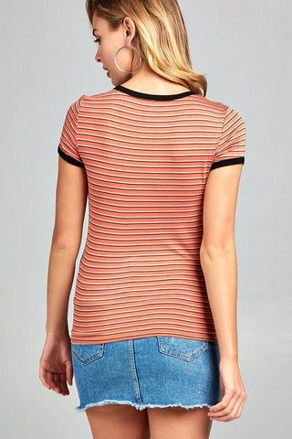 Ladies fashion round neck short sleeve yarn dye stripe rayon spandex jersey top