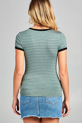 Ladies fashion round neck short sleeve yarn dye stripe rayon spandex jersey top