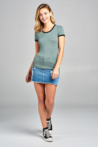 Ladies fashion round neck short sleeve yarn dye stripe rayon spandex jersey top