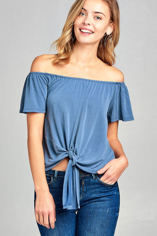 Ladies fashion short sleeve off the shoulder front bow tie sand washed modal jersey top