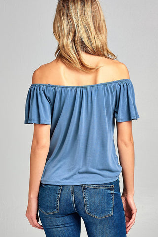 Ladies fashion short sleeve off the shoulder front bow tie sand washed modal jersey top