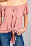Ladies fashion short sleeve off the shoulder front bow tie sand washed modal jersey top
