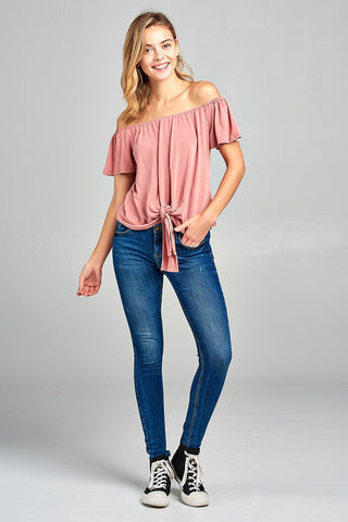 Ladies fashion short sleeve off the shoulder front bow tie sand washed modal jersey top