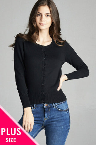 Ladies fashion plus size 3/4 sleeve crew neck cardigan sweater