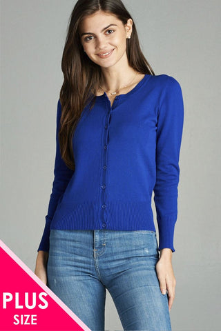 Ladies fashion plus size 3/4 sleeve crew neck cardigan sweater