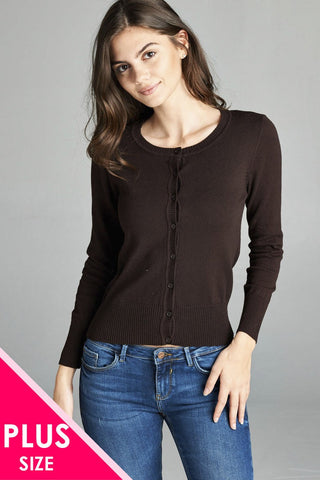 Ladies fashion plus size 3/4 sleeve crew neck cardigan sweater