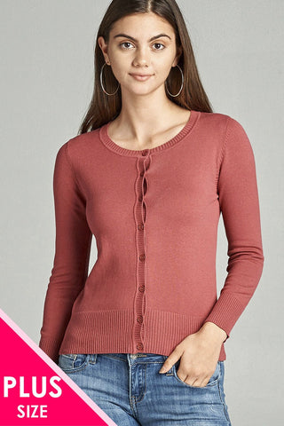 Ladies fashion plus size 3/4 sleeve crew neck cardigan sweater