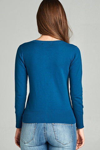 Ladies fashion plus size 3/4 sleeve crew neck cardigan sweater