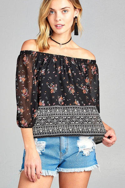 Ladies fashion off the shoulder with floral border print chiffon woven top