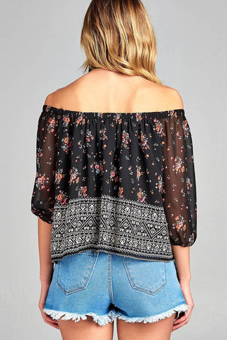 Ladies fashion off the shoulder with floral border print chiffon woven top