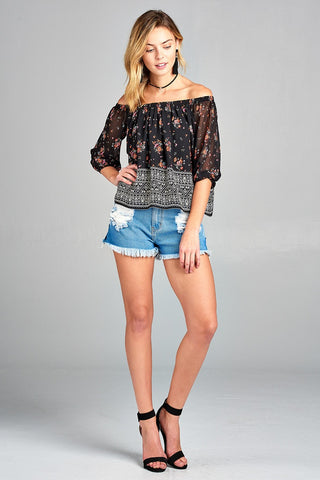Ladies fashion off the shoulder with floral border print chiffon woven top