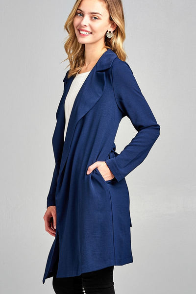 Ladies fashion long sleeve open front w/belt drape woven jacket