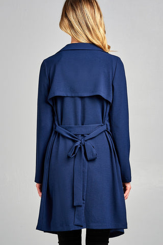 Ladies fashion long sleeve open front w/belt drape woven jacket