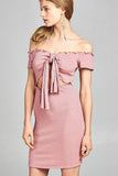 Ladies fashion short sleeve off the shoulder front keyhole w/self bow tie merrow hem knit mini dress - merchandiserus2