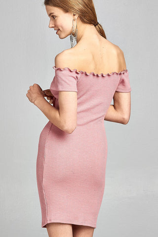 Ladies fashion short sleeve off the shoulder front keyhole w/self bow tie merrow hem knit mini dress - merchandiserus2