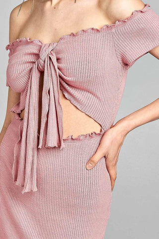 Ladies fashion short sleeve off the shoulder front keyhole w/self bow tie merrow hem knit mini dress - merchandiserus2
