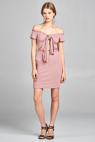 Ladies fashion short sleeve off the shoulder front keyhole w/self bow tie merrow hem knit mini dress - merchandiserus2