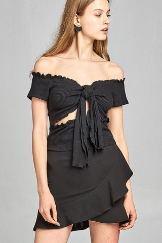 Ladies fashion short sleeve off the shoulder front keyhole w/self bow tie merrow hem knit top