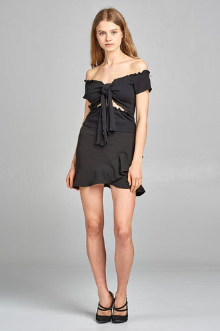 Ladies fashion short sleeve off the shoulder front keyhole w/self bow tie merrow hem knit top