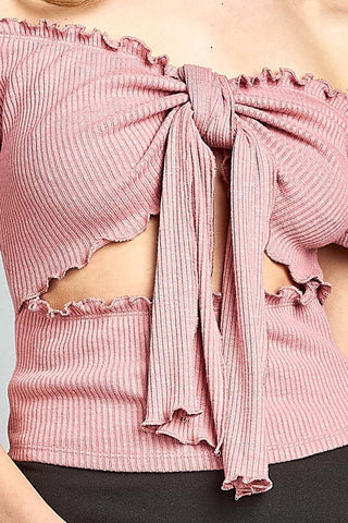 Ladies fashion short sleeve off the shoulder front keyhole w/self bow tie merrow hem knit top