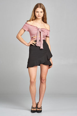 Ladies fashion short sleeve off the shoulder front keyhole w/self bow tie merrow hem knit top
