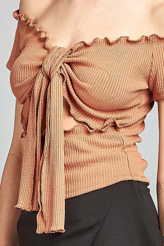 Ladies fashion short sleeve off the shoulder front keyhole w/self bow tie merrow hem knit top