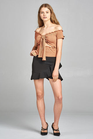 Ladies fashion short sleeve off the shoulder front keyhole w/self bow tie merrow hem knit top