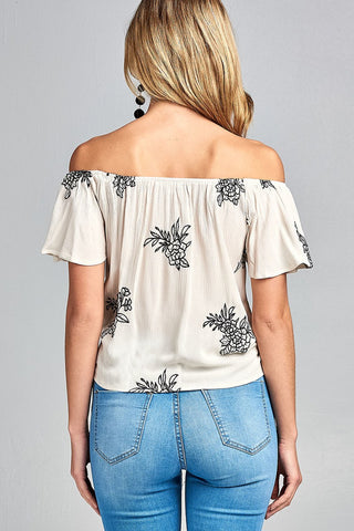 Ladies fashion flounce off the shoulder front self tie all over embo crinkle gauze woven top