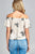 Ladies fashion flounce off the shoulder front self tie all over embo crinkle gauze woven top