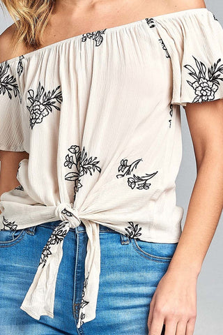 Ladies fashion flounce off the shoulder front self tie all over embo crinkle gauze woven top