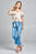 Ladies fashion flounce off the shoulder front self tie all over embo crinkle gauze woven top