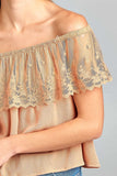 Ladies fashion off the shoulder w/lace ruffle crinkle gauze woven top
