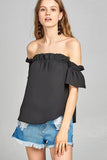 Ladies fashion short sleeve off the shoulder ruffled hem w/elastic detail wool dobby woven top