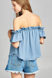 Ladies fashion short sleeve off the shoulder ruffled hem w/elastic detail wool dobby woven top
