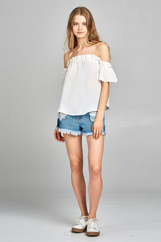 Ladies fashion short sleeve off the shoulder ruffled hem w/elastic detail wool dobby woven top